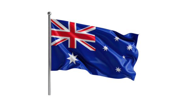 The Australian flag proudly waves in the wind, showcasing its intricate design against a stark black background, the dynamic movement captured in a realistic depiction; vibrant hues of blue, red, and.