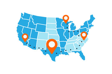 vector illustration of Map of the United States with Location Pins Indicating Specific Points.