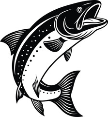 Stylized Salmon Jumping Illustration Black Fish Silhouette with White Accents Clean Minimalist Graphic Art for Logos and Prints