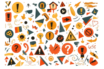 Assorted Geometric Shapes and Warning Symbols in Orange Yellow and White Colors Against Black Background