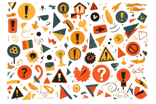 Assorted Geometric Shapes and Warning Symbols in Orange Yellow and White Colors Against Black Background - Powered by Adobe