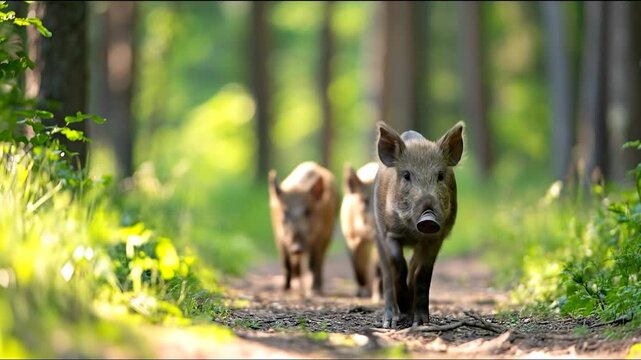 Wild piglets walking in a forest natural habitat young wild boar