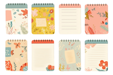 Collection of Digital Notebooks with Floral and Botanical Decorations on Transparent Background
