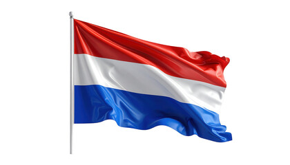 The Dutch flag, featuring red, white, and blue horizontal stripes, is shown waving gracefully in a flowing motion against a stark black background, symbolizing pride and national identity; the fabric.
