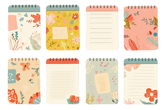 Collection of Digital Notebooks with Floral and Botanical Decorations on Transparent Background