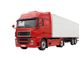 Isolated red tractor trailer truck delivering cargo on time, semi truck with trailer transport