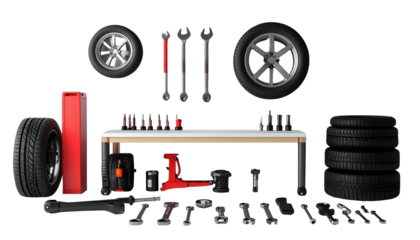 Various automotive tools, tires, and equipment are arranged on a black background, creating a comprehensive scene for vehicle maintenance and repair.