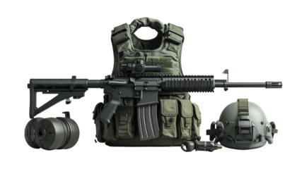 Complete tactical military gear setup, featuring an assault rifle, protective vest, helmet, night vision device, and ammunition drum, all arranged on a stark black background, showcasing readiness.