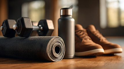 Organized fitness items with brown sneakers on a wooden floor