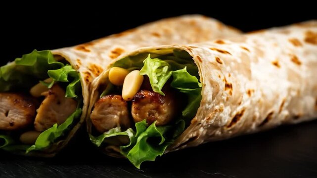 Chicken wrap close up on dark background food photography