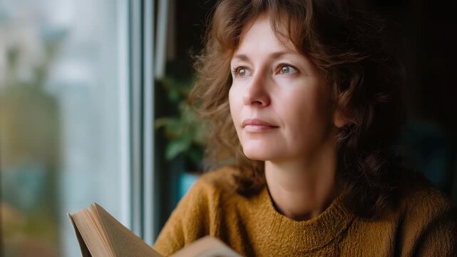 A serene moment captured of a woman thoughtfully reading by the window, enveloped in warmth and contemplation, reflecting the joy of immersing in literature and quiet moments.