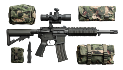 Black firearm with attached scope and various camouflaged pouches, a tactical knife, presented against a stark black background emphasizing the weaponry and accessories, conveying a sense of...