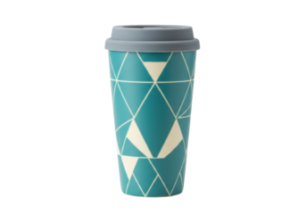 Isolated reusable coffee cup with turquoise geometric diamond pattern and gray lid design