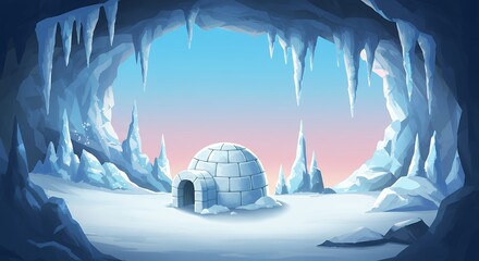 Illustration of an igloo inside an ice cave with blue and white colors and snow