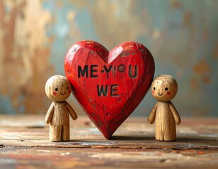 Wooden people near a heart with the inscription "I love you"