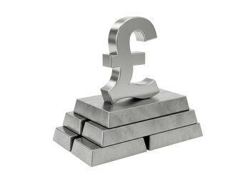 Isolated symbol pound sterling on stack of silver bars stands for wealth and money concept