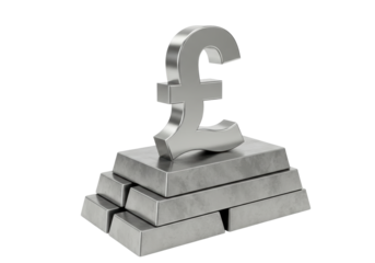 Isolated symbol pound sterling on stack of silver bars stands for wealth and money concept