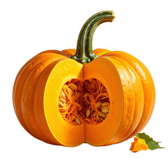 shot depicts a vividly colored, partially sliced pumpkin revealing its inner flesh, seeds, and textures, with the stem and a small piece of pumpkin present against a stark black background, creating.