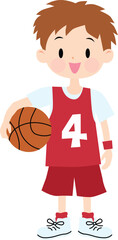 Illustration of a boy with a basketball wearing red jerseys. Vector Illustration.