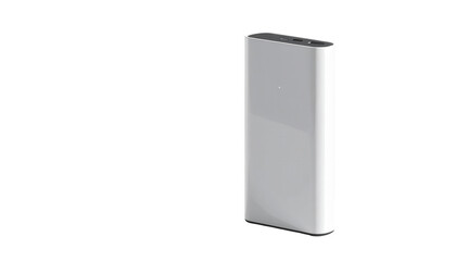 A sleek, modern, white rectangular device stands prominently against a stark black background, featuring a minimalist design with smooth, reflective surfaces and a subtle, shadowed base, illuminated.