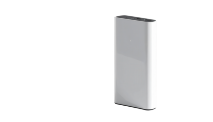 A sleek, modern, white rectangular device stands prominently against a stark black background, featuring a minimalist design with smooth, reflective surfaces and a subtle, shadowed base, illuminated.