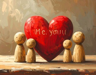 Wooden people near a heart with the inscription "I love you"