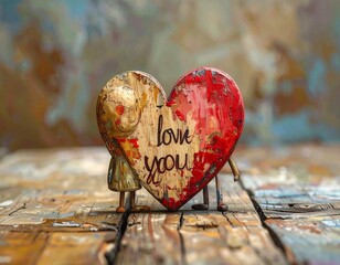 Wooden people near a heart with the inscription "I love you"