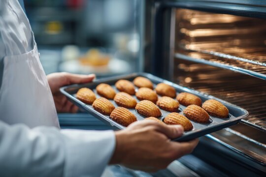 A baker removes a tray of golden madeleines from the oven, filling the kitchen with a warm aroma. The process showcases the art of baking in a professional setting