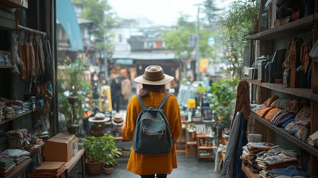 Woman in a hat and backpack walking into a shop.