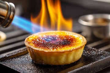 A chef skillfully caramelizes the top of a custard tart using a kitchen torch. The flame creates a warm glow and crisp texture while the kitchen is filled with delicious aromas