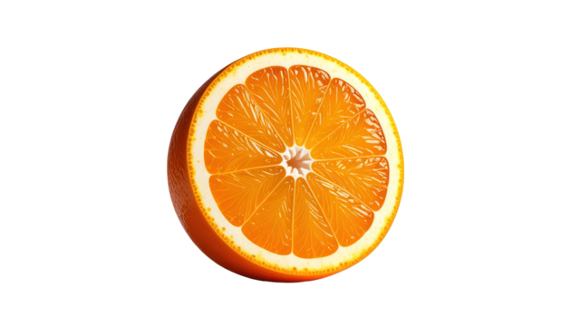 Vivid  captures a cross-section of a fresh, ripe orange, revealing its intricate internal structure with juicy segments and a bright, inviting color palette against a deep black background creating...