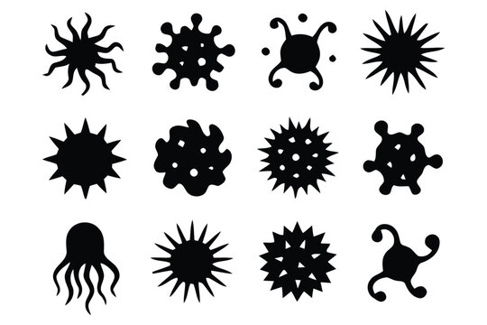 Diverse collection of vector illustrations representing microorganisms bacteria viruses and cells scalable eps graphics silhouette vector illustration white background