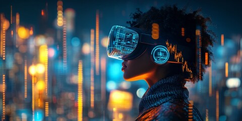 African American Woman Using Wireless Smart Glasses to Explore Visual Data Representations