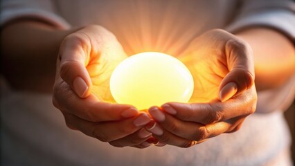 A pair of hands gently cradles a glowing orb, symbolizing warmth and hope.
