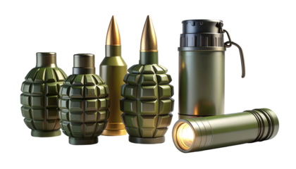 Grouping of olive-green hand grenades, bullets, and a cylindrical object with a handle, alongside a small flashlight, all presented on a dark, stark, and contrasting background, focusing on a modern,