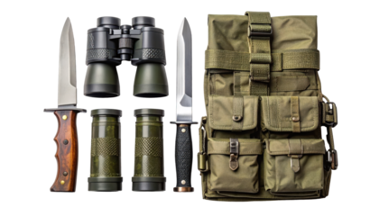 Essential military gear components are displayed in a  setting, showcasing a diverse selection of tools and equipment required for operations, emphasizing survival preparedness with strategic...
