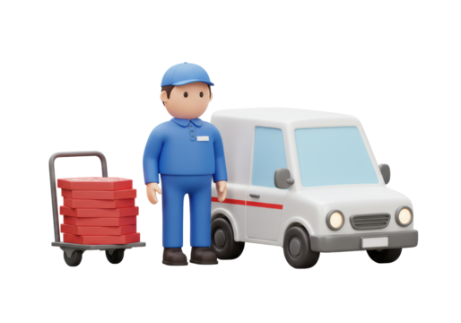 Isolated Cartoon Delivery Worker with Stack of Pizza Boxes Next to Delivery Van in 3D Rendering