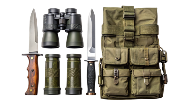 Essential military gear components are displayed in a  setting, showcasing a diverse selection of tools and equipment required for operations, emphasizing survival preparedness with strategic...