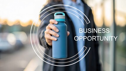 A person holds a blue water bottle with "Business Opportunity" text overlay.