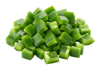 Isolated diced green bell pepper pieces, a pile of raw pepper cubes, cut for salads, cooking