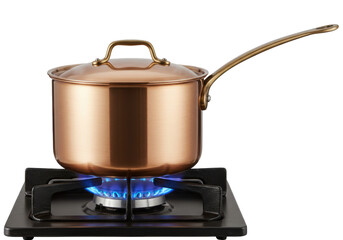 Isolated copper saucepan with lid on modern black gas stove burner at eye level view
