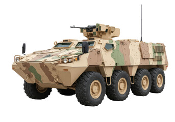 Isolated armored personnel carrier with machine gun and camouflage is ready for deployment