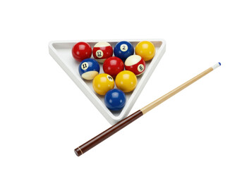 Isolated pool balls in a triangle rack, with a cue, ready for a game of billiards