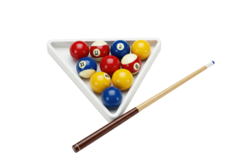 Isolated pool balls in a triangle rack, with a cue, ready for a game of billiards