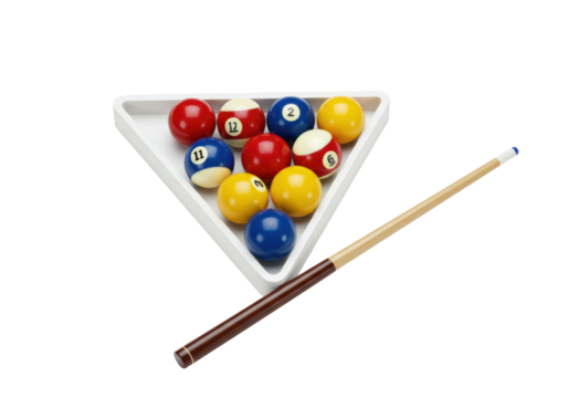 Isolated pool balls in a triangle rack, with a cue, ready for a game of billiards
