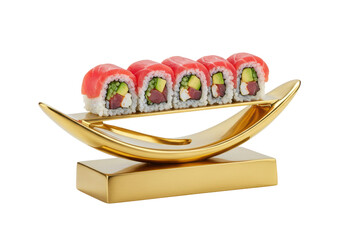 Isolated plate of sushi roll with tuna, avocado and rice ready to eat, on golden stand