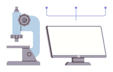 Microscope connected to computer screen via data points, representing technology and science integration. Ideal for research, data analysis, innovation, technology, medical studies, education
