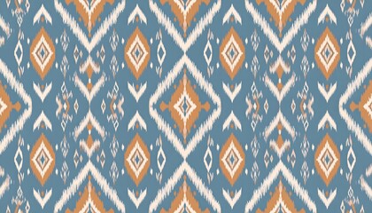 Repeat pattern featuring geometric shapes in blue, orange, and cream