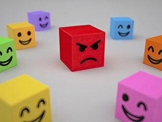 Emotional intelligence concept with angry cube surrounded by happy cubes