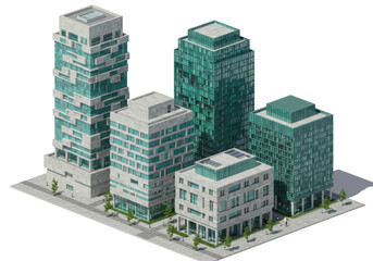 Isolated group of modern city buildings, office towers with green glass facades, business center